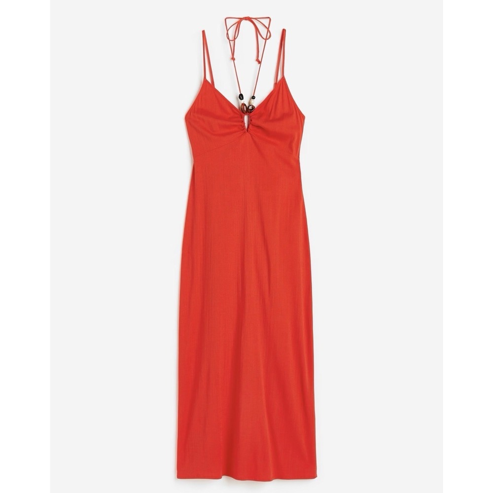 Retail $49 H&M Red Beaded Slip Dress | Cut-Out Detail | Midi/Maxi Summer Dress S